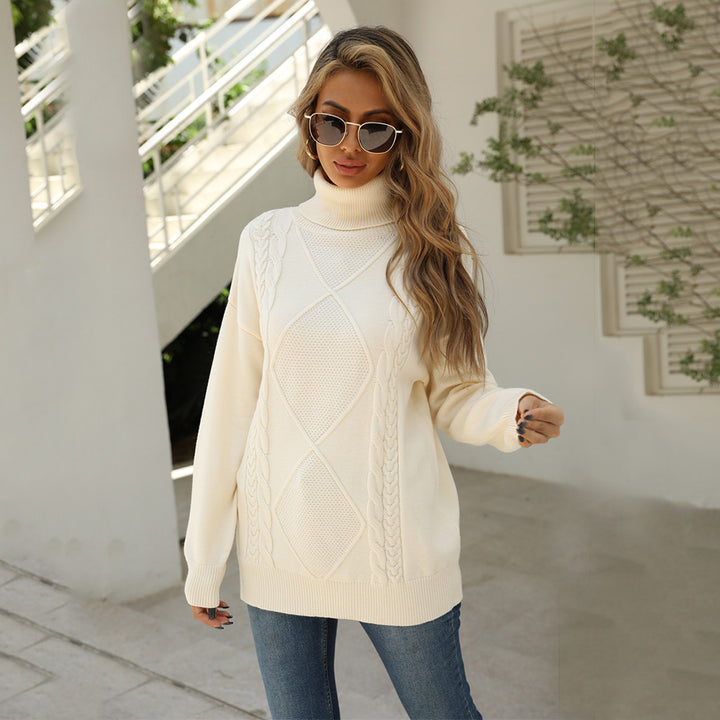Damen Grobstrickpullover mit hohem Kragen und Zopfmuster Drune