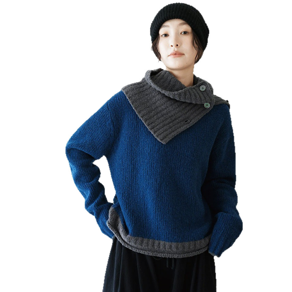 Damen grob gestrickter Pullover mit asymmetrischem Kragen und innovativer Knopfdetail Drune