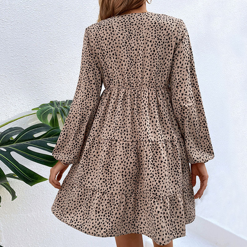 Damen Tiermuster Kleid mit vorderer Knopfleiste und elastischem Bund Drune