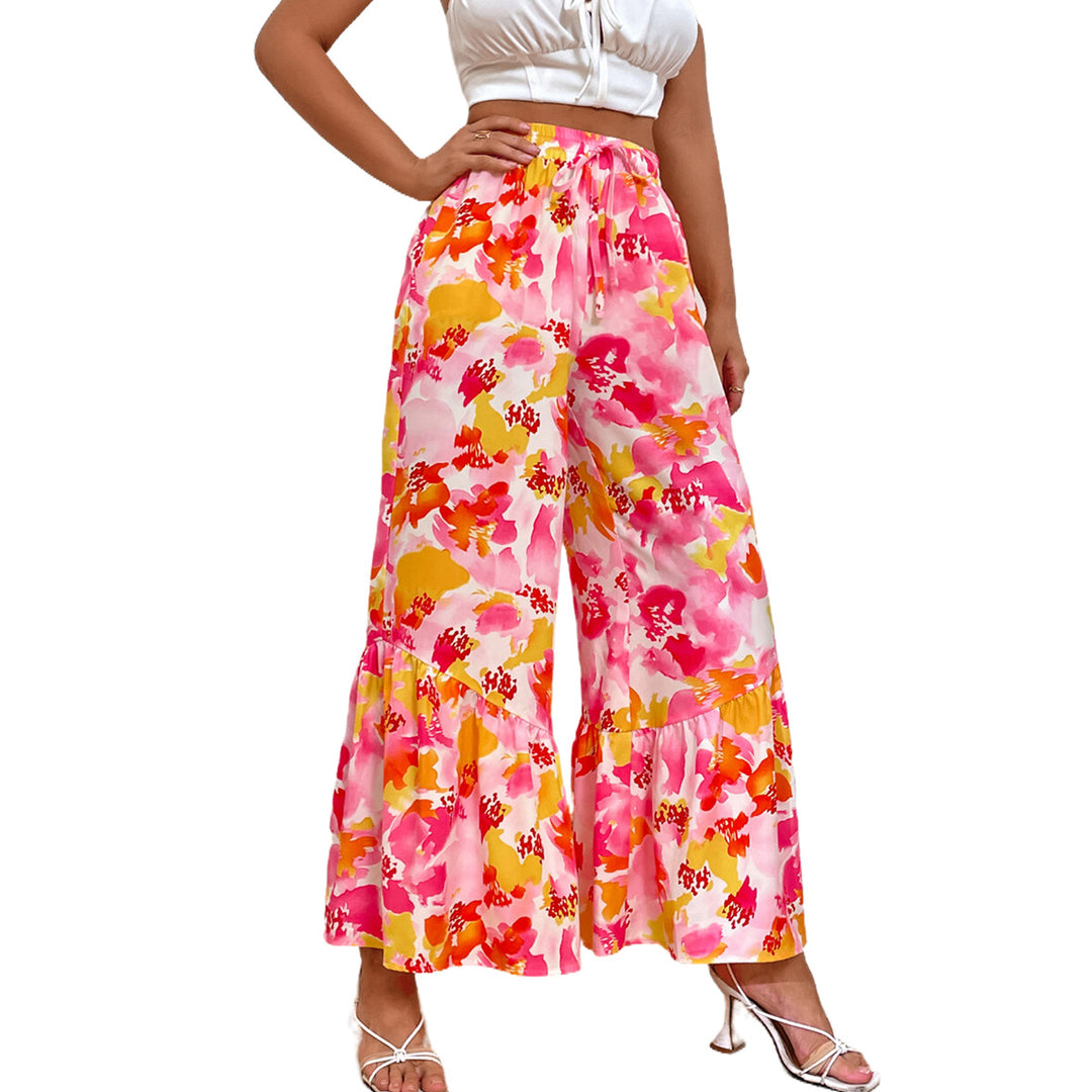 Damen weit geschnittene Palazzo-Hose mit buntem Blumendesign und Rüschendetails Drune