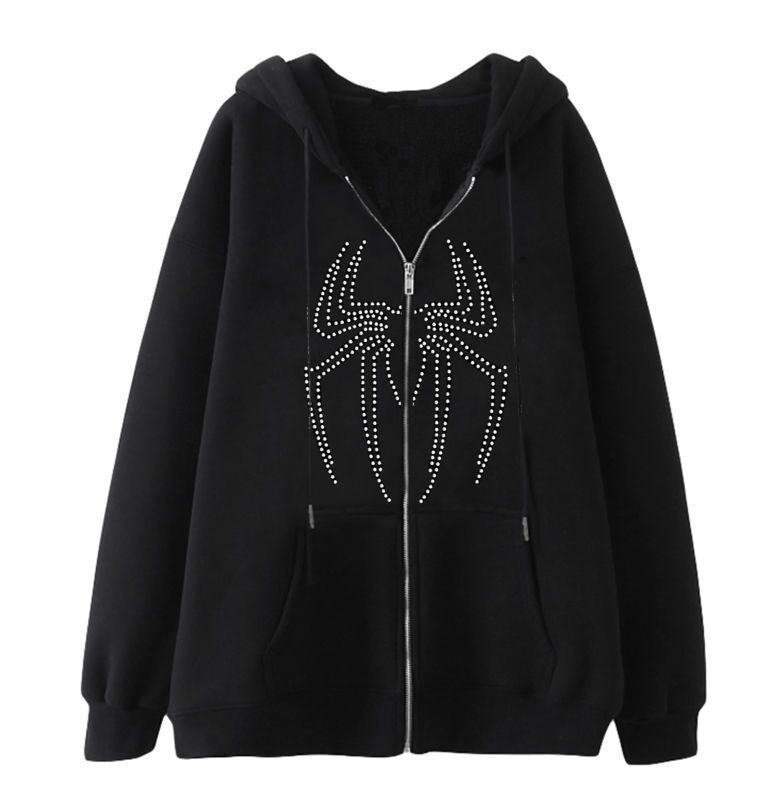 Damen Kapuzenjacke mit funkelndem Spinnenmotiv und praktischen Taschen Drune