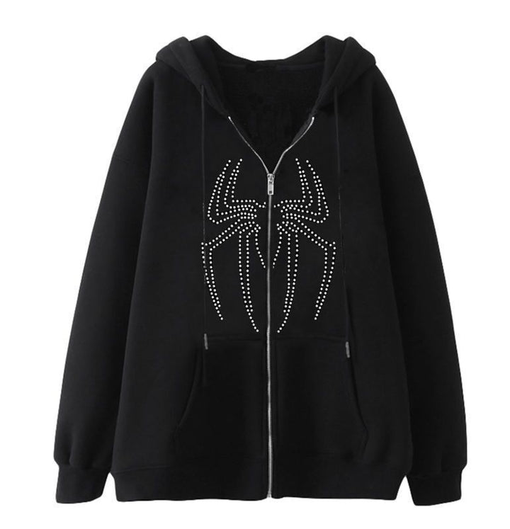 Damen Kapuzenjacke mit funkelndem Spinnenmotiv und praktischen Taschen Drune
