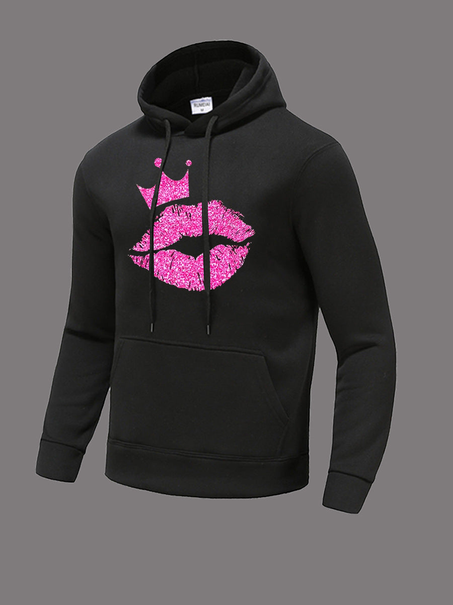 Damen Kapuzensweatshirt mit auffälligem Lippenmotiv und Krone Drune