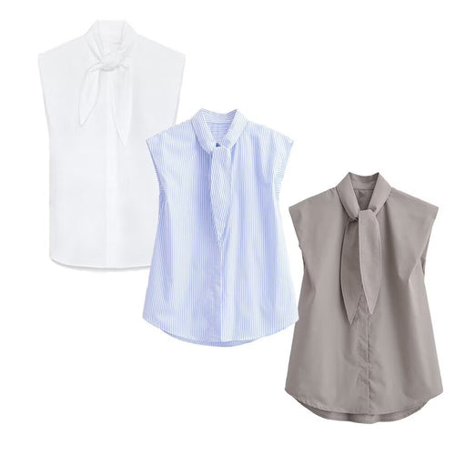 Damenbluse mit innovativem Stehkragen und eleganter Schleifenapplikation Drune
