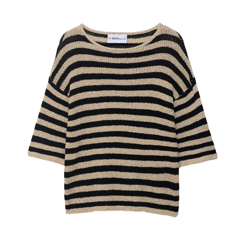Damen lässiger Strickpullover mit breiten Streifen und weichem Material Drune