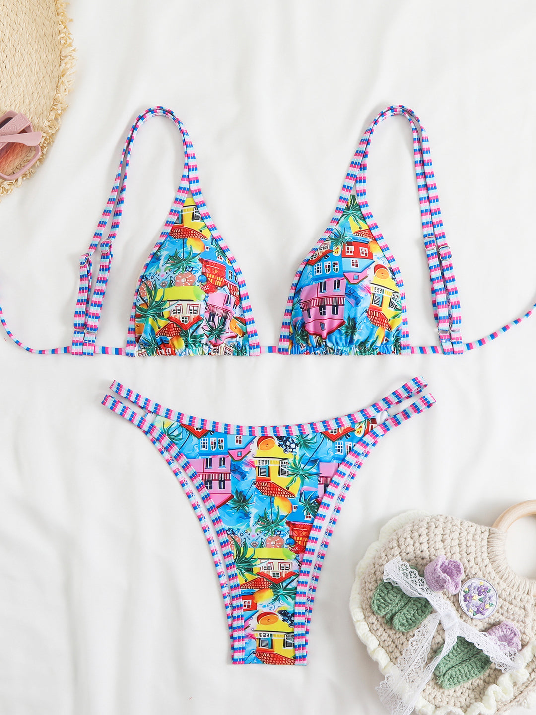 Damen Triangel-Bikini-Set mit lebhaftem Strandmotiv Drune