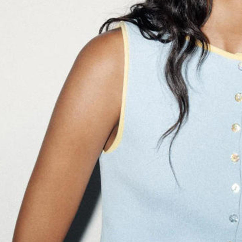 Damen ärmelloses Strickoberteil mit dekorativen Knopfdetails Drune