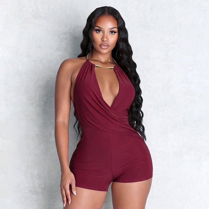 Damen Figurbetonter Playsuit mit tiefem V-Ausschnitt und schwingendem Saum Drune