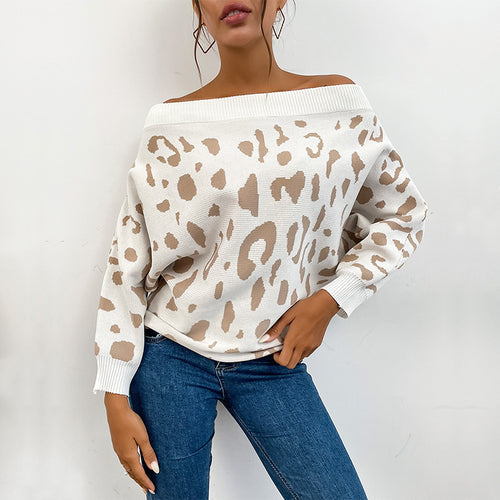 Damen lässiger Pullover mit Off-Shoulder-Design und Leopardenmustern Drune
