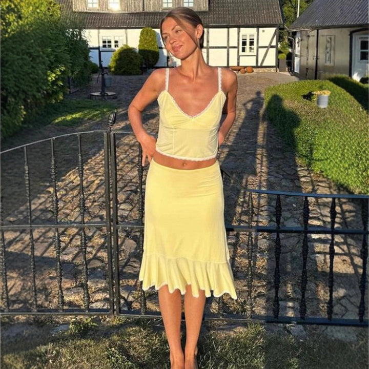 Damen Crop-Top und Midirock Set mit Rüschensaum Drune