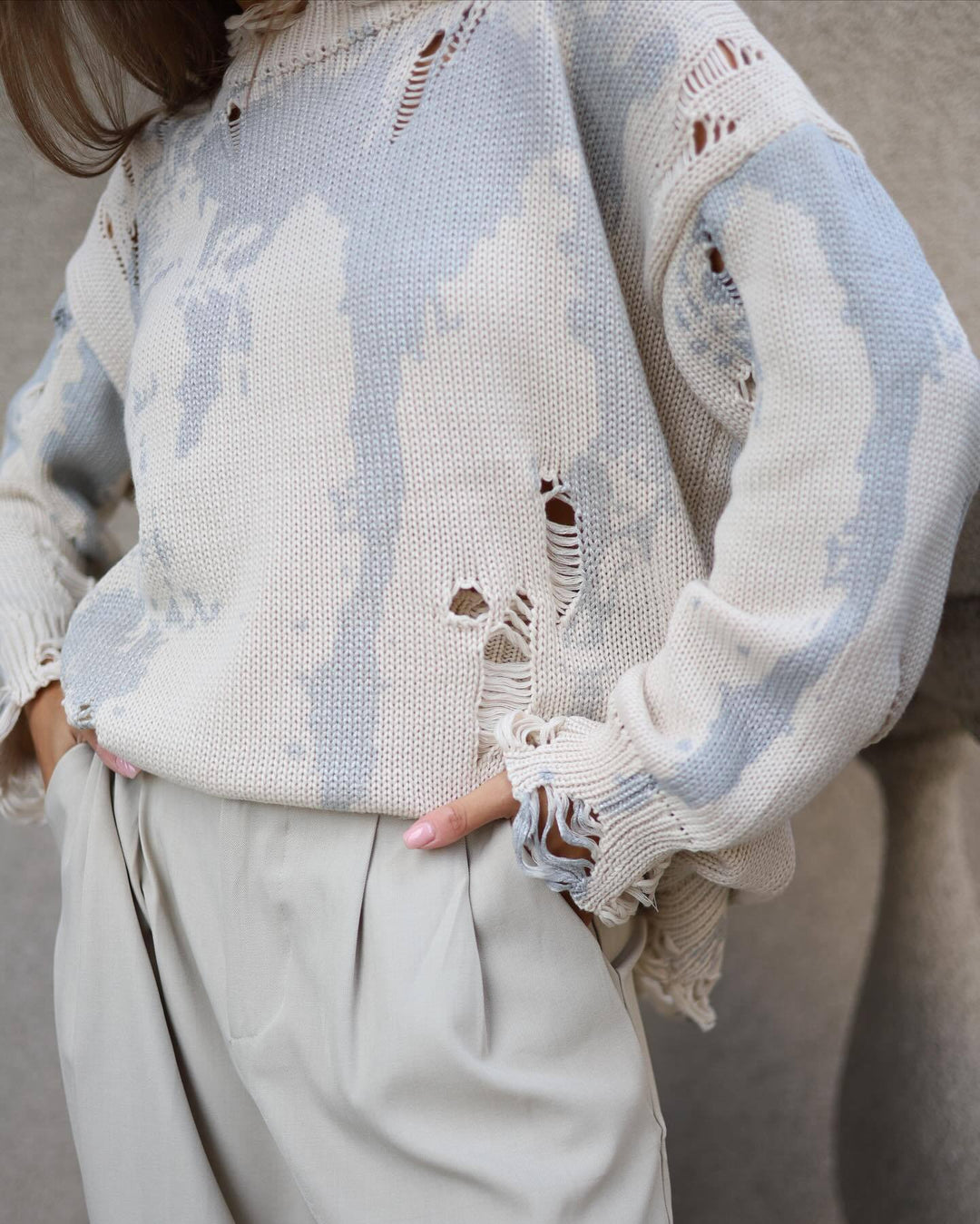 Damen lässiger Oversized Pullover mit modischen Rissdetails und kreativem Farbverlauf Drune