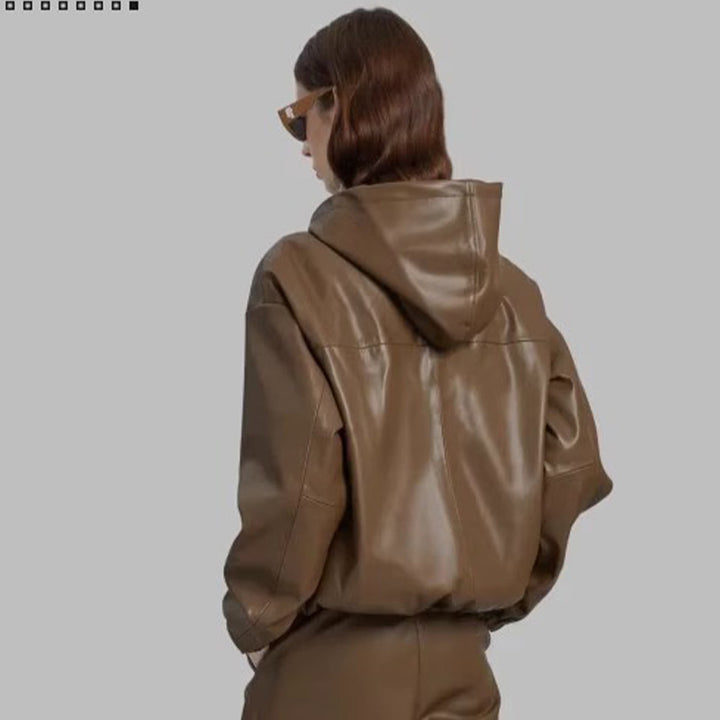 Damen lässige Kunstlederjacke mit Kapuze Drune