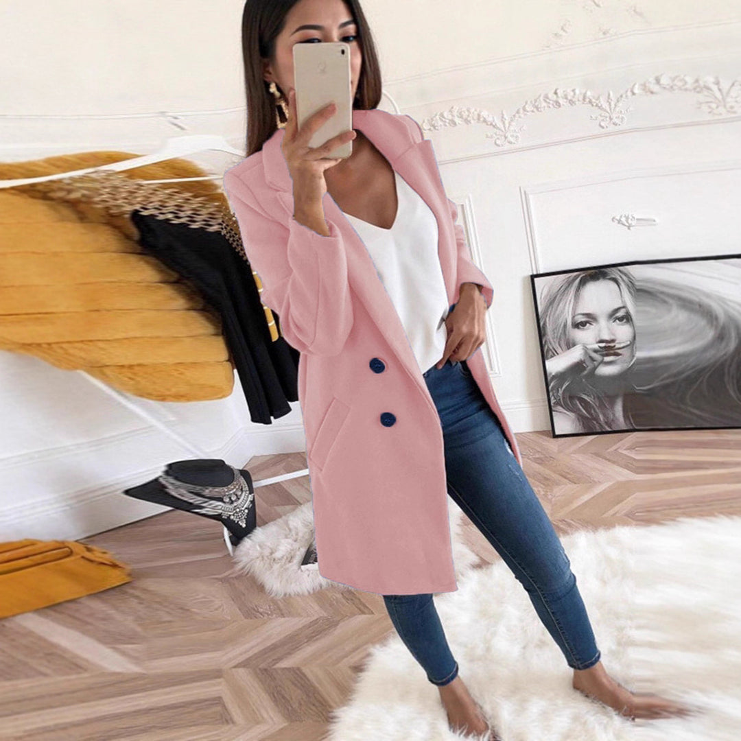 Damen eleganter und warmer Longblazer mit doppelter Knopfleiste Drune