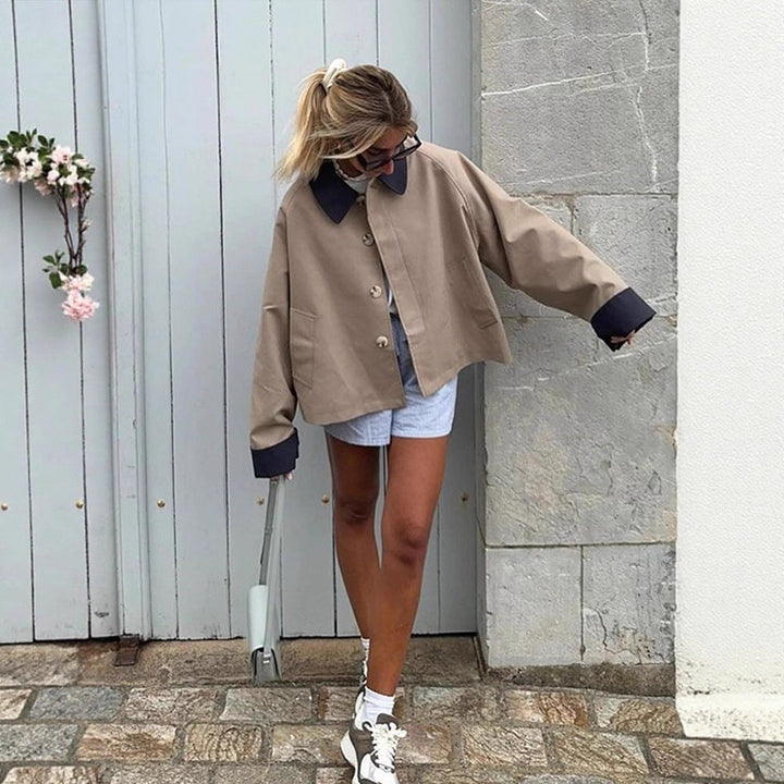 Damen lässige Oversized-Jacke mit kontrastierendem Kragen Drune