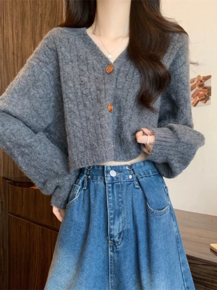 Damen lockerer Strickcardigan mit Zopfmuster und Knopfverschluss Drune
