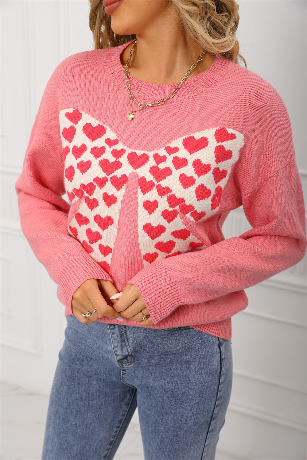 Damen lässiger Pullover mit Herzmotiv und weiten Ärmeln Drune