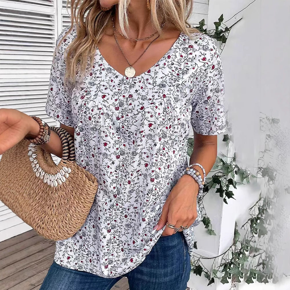 Damen nan lässiges Kurzarm-Tunika-Shirt mit Rundhalsausschnitt, zartem Blumenallover und dekorativen Brustfalten Drune