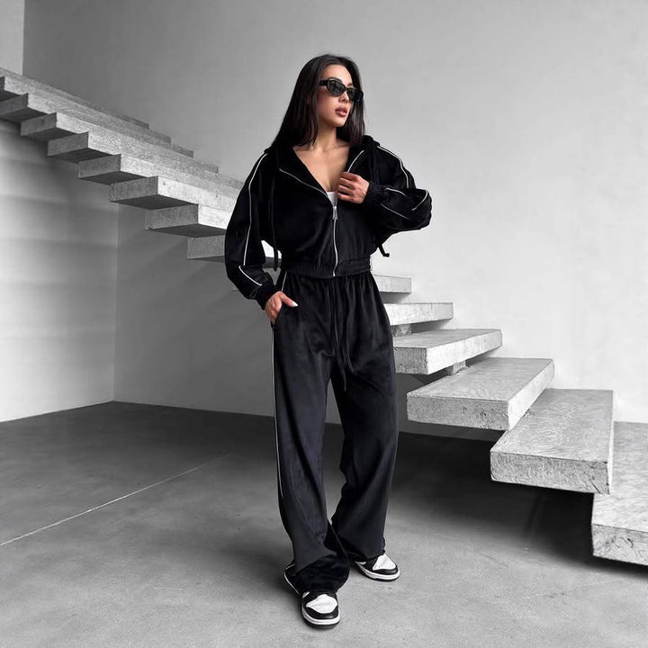 Damen Fleece-Loungewear-Set mit hohem Kragen und praktischem Kordelzug Drune