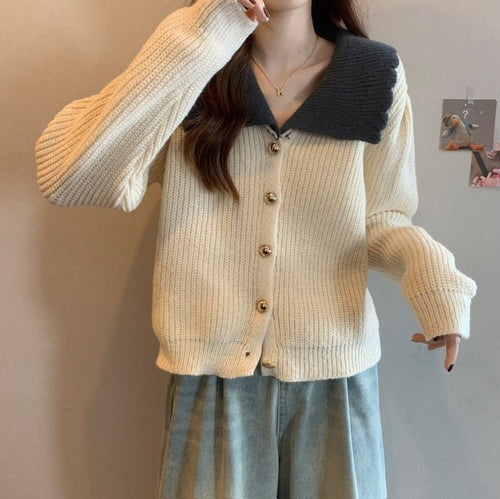 Damen Strickjacke mit Vintage-Kragen und großen Knopfdetails Drune