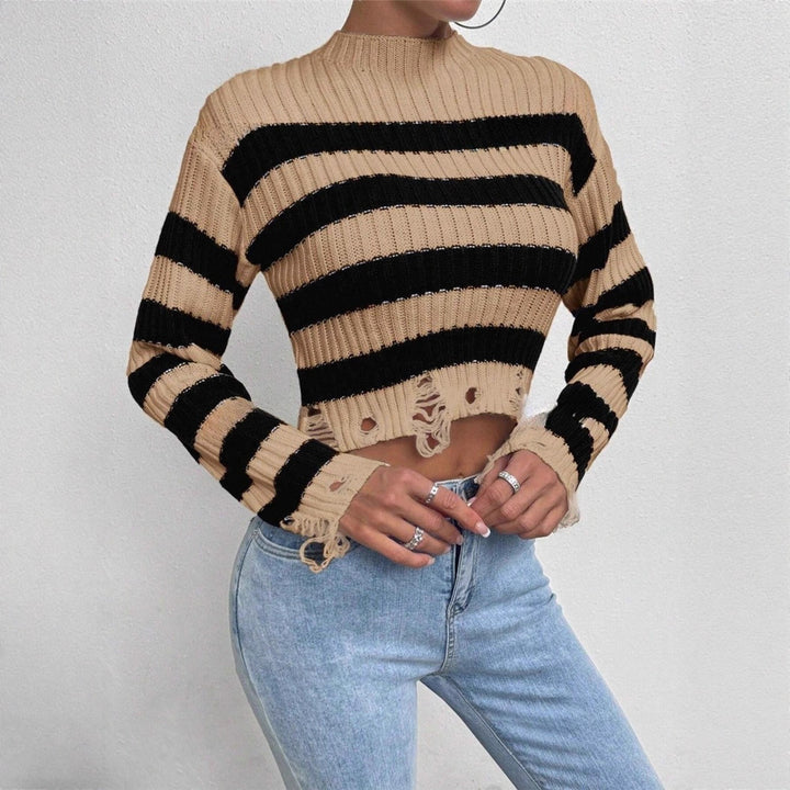 Damen Cropped Pullover mit stylischen Streifen und distressed Details Drune