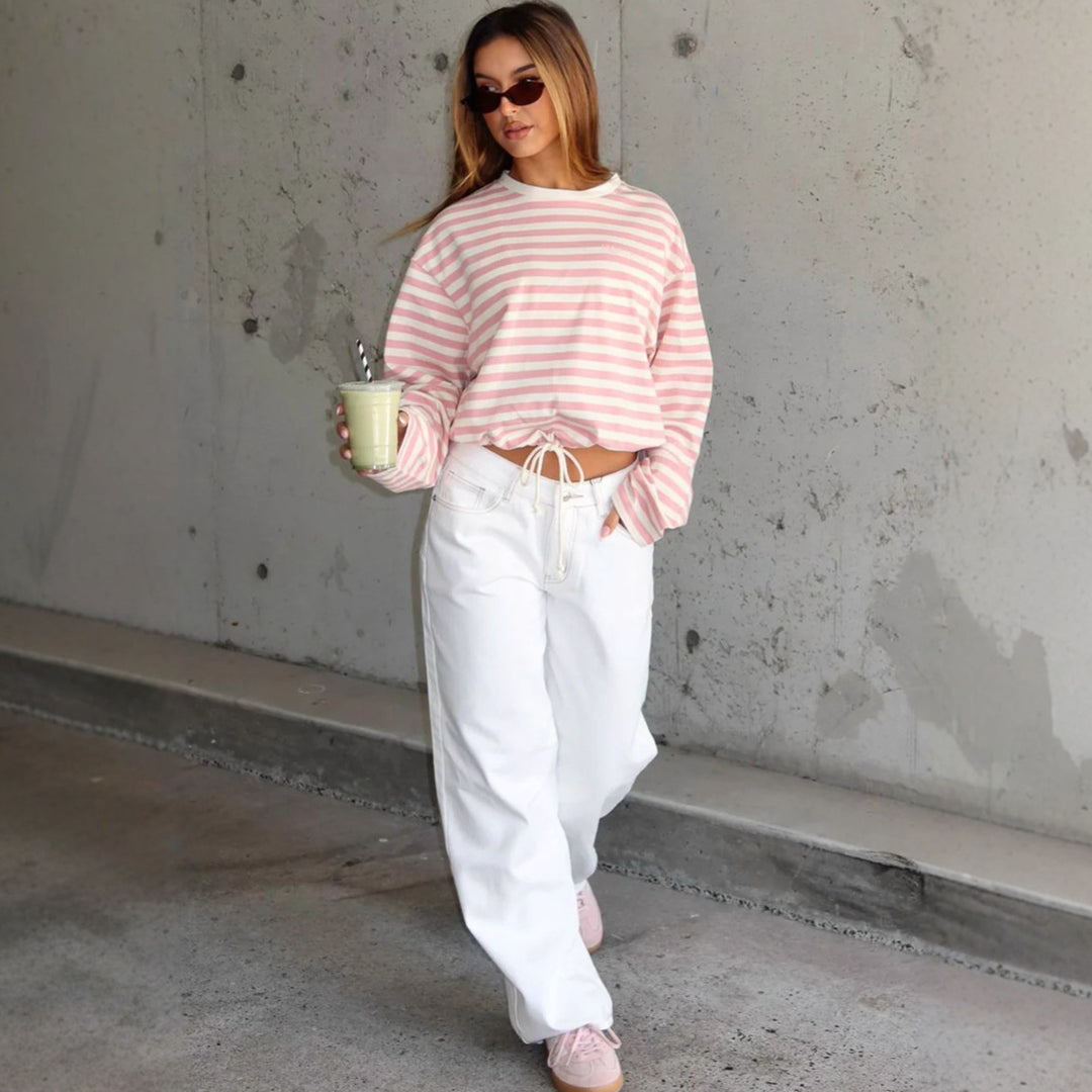 Damen cropped Sweatshirt mit streifen und elastischer Bund Drune