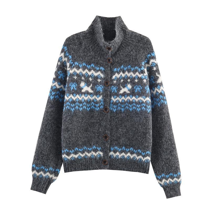 Damen Strickjacke mit nordischem Muster und erhöhtem Kragen Drune