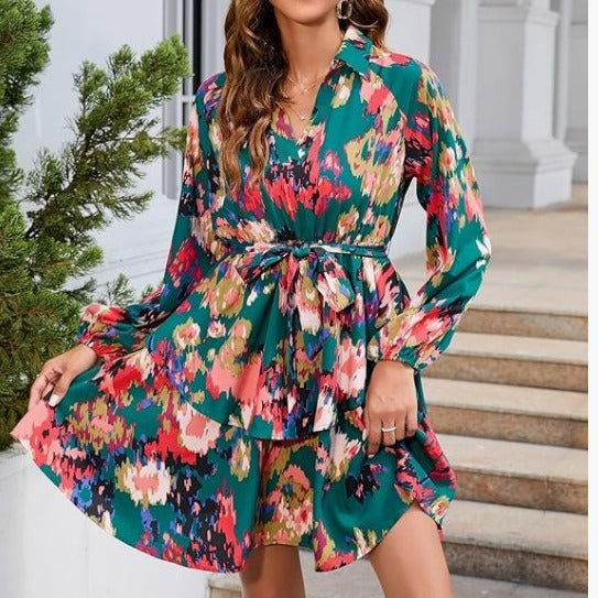 Damen Blusenkleid mit floralem Muster und Bindegürtel Drune