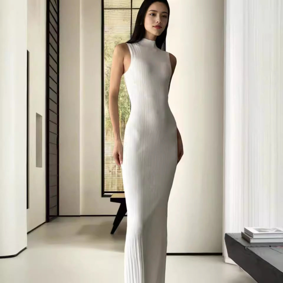 Damen figurbetontes Maxikleid mit hohem Kragen und elegantem Rippmuster Drune