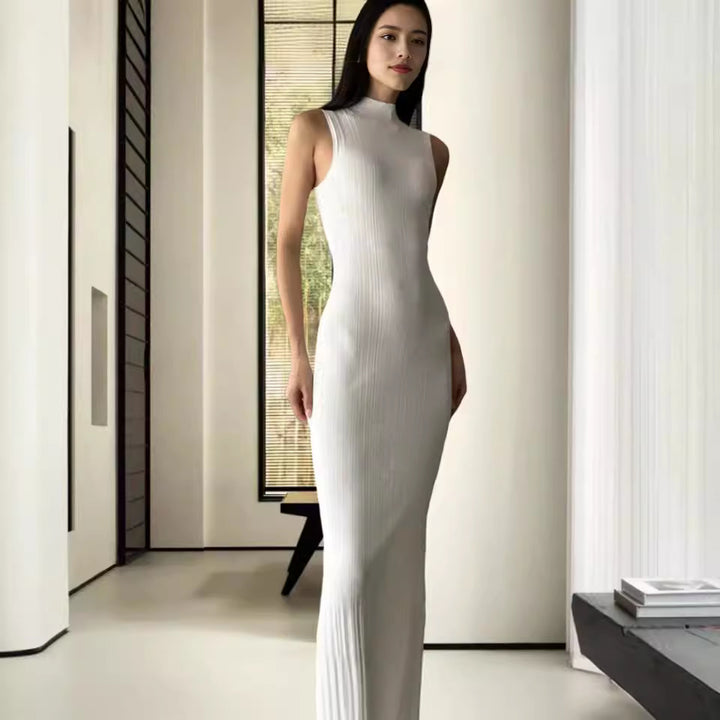 Damen figurbetontes Maxikleid mit hohem Kragen und elegantem Rippmuster Drune