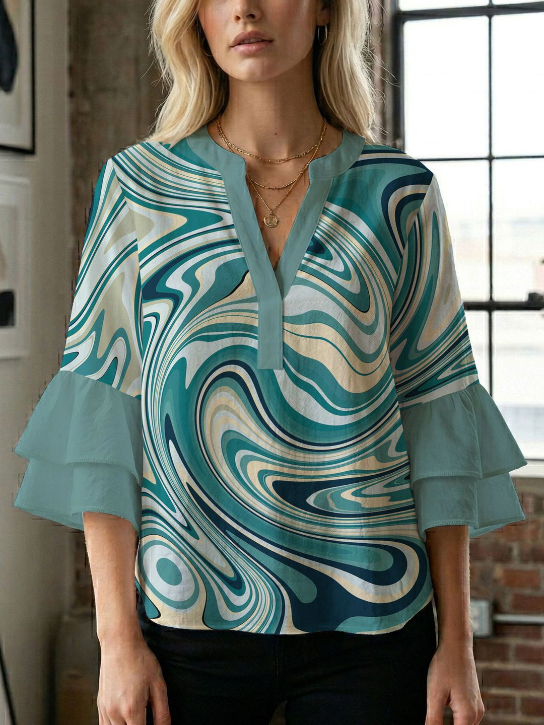 Damen Blusenshirt mit voluminösen Ärmeln und kreativem Druckdesign Drune
