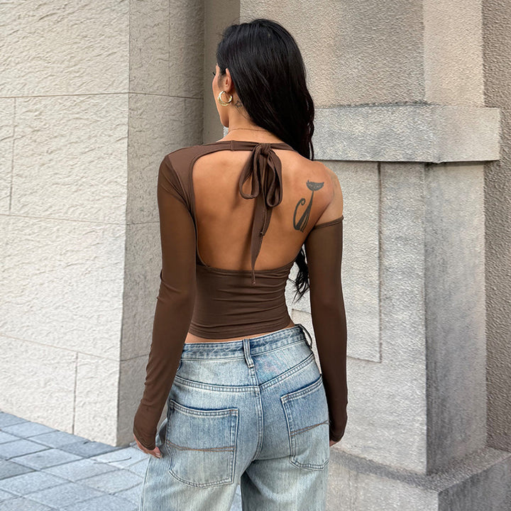 Damen stilvolles Bustier-Top mit langen transparenten Ärmeln und Knotendetail Drune