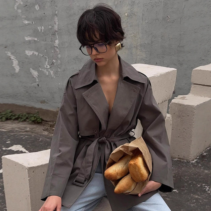 Damen modische Trenchcoat-Jacke mit abnehmbarem Gürtel und oversized Schnitt Drune