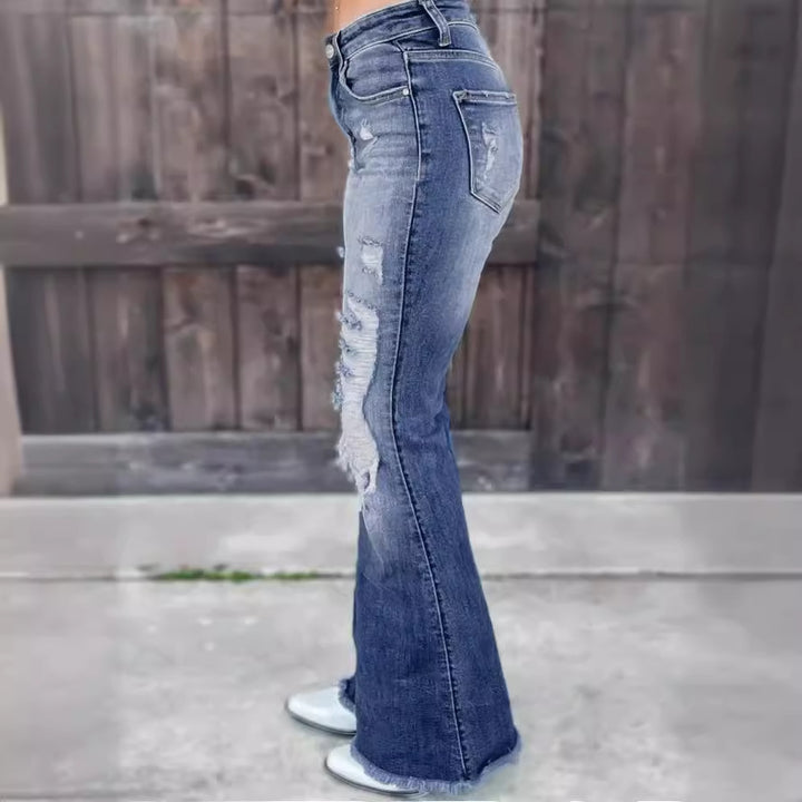 Damen Flared Jeans mit Destroyed-Effekten und fransigem Saum Drune