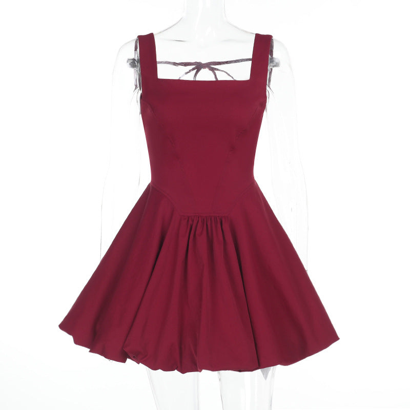Damen schwingendes Midikleid mit quadratischem Ausschnitt und schmalen Trägern Drune