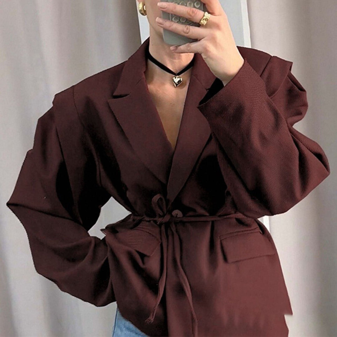 Damen Oversized Blazer mit Taillengürtel und eleganten Puffärmeln Drune