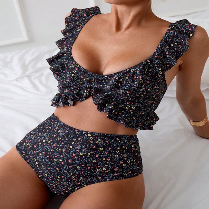 Damen Hochgeschnittener Bikini mit floralem Rüschendesign Drune