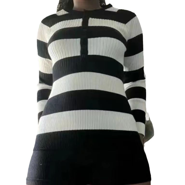 Damen Langarmshirt mit Knopfleiste und Streifenmuster Drune