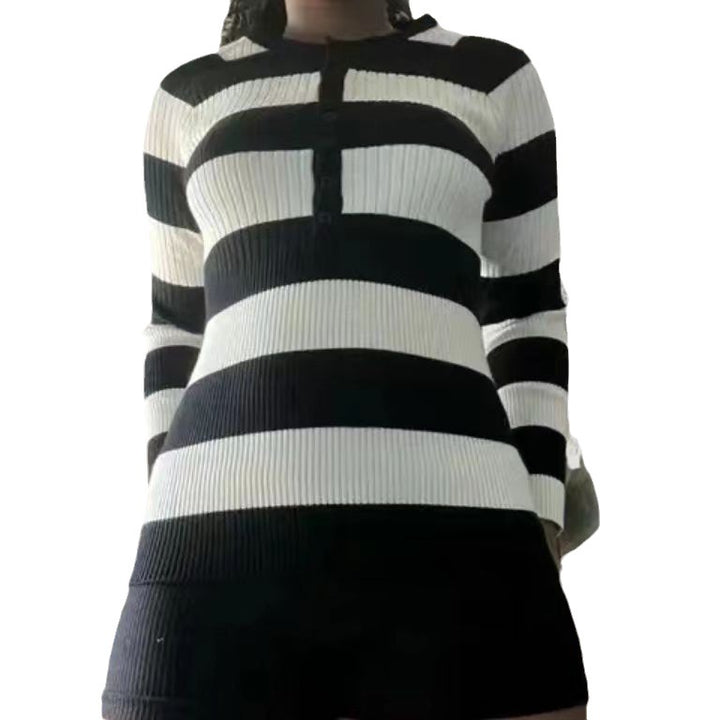 Damen Langarmshirt mit Knopfleiste und Streifenmuster Drune