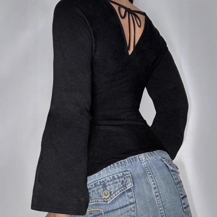 Damen nan figurbetontes Langarm-Top mit tiefem V-Ausschnitt, Nackenband zum Binden und taillierter Silhouette Drune