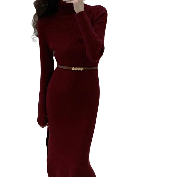 Damen elegantes Strickkleid mit hohem Kragen und seitlichem Schlitz Drune
