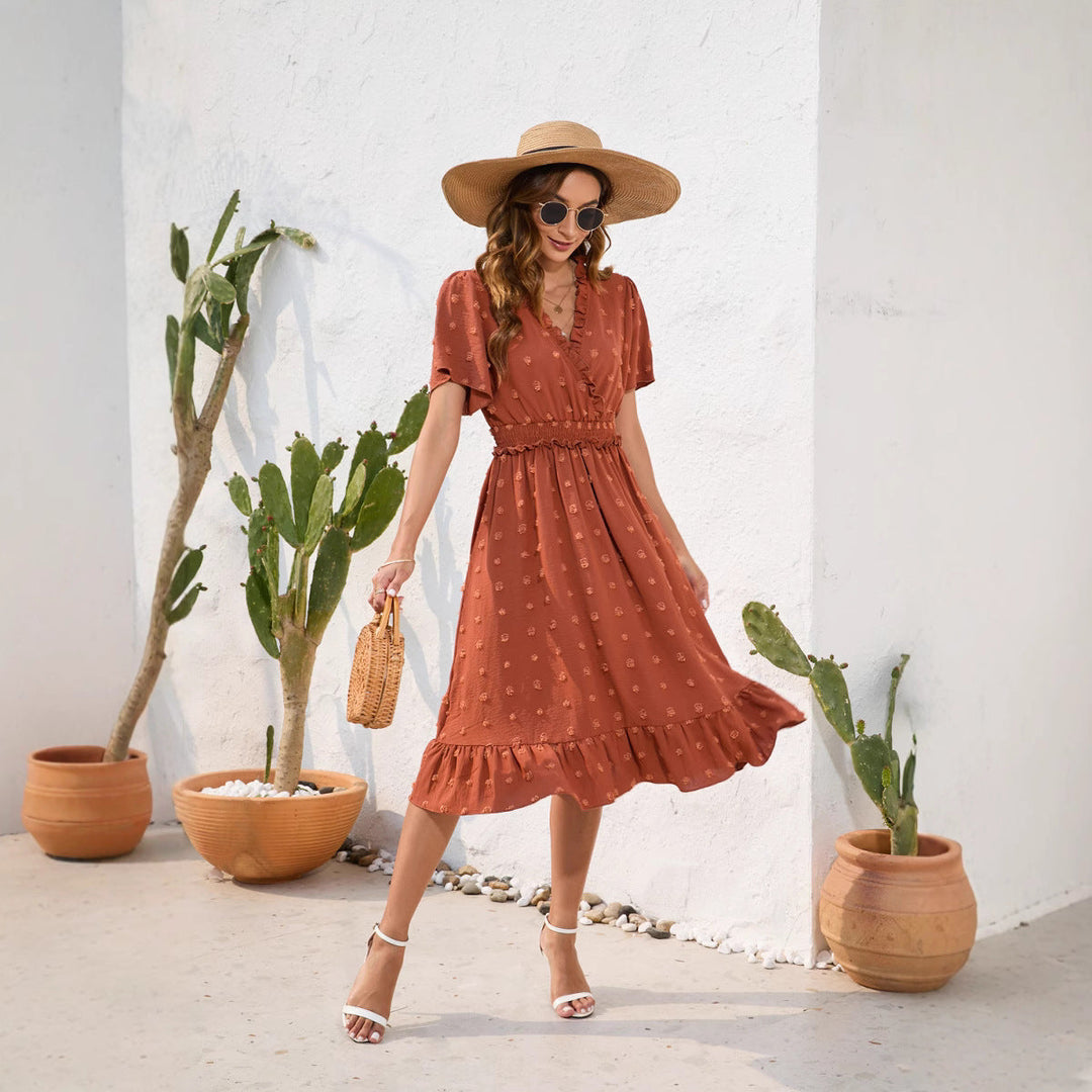 Damen Midikleid mit raffiniertem V-Ausschnitt, elastischem Taillenzug und fließendem Rock Drune