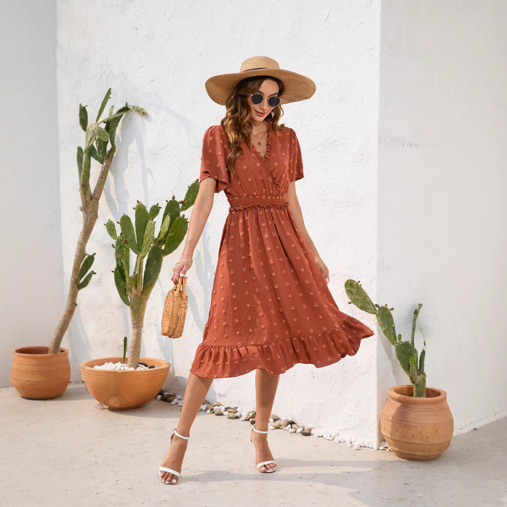 Damen Midikleid mit raffiniertem V-Ausschnitt, elastischem Taillenzug und fließendem Rock Drune
