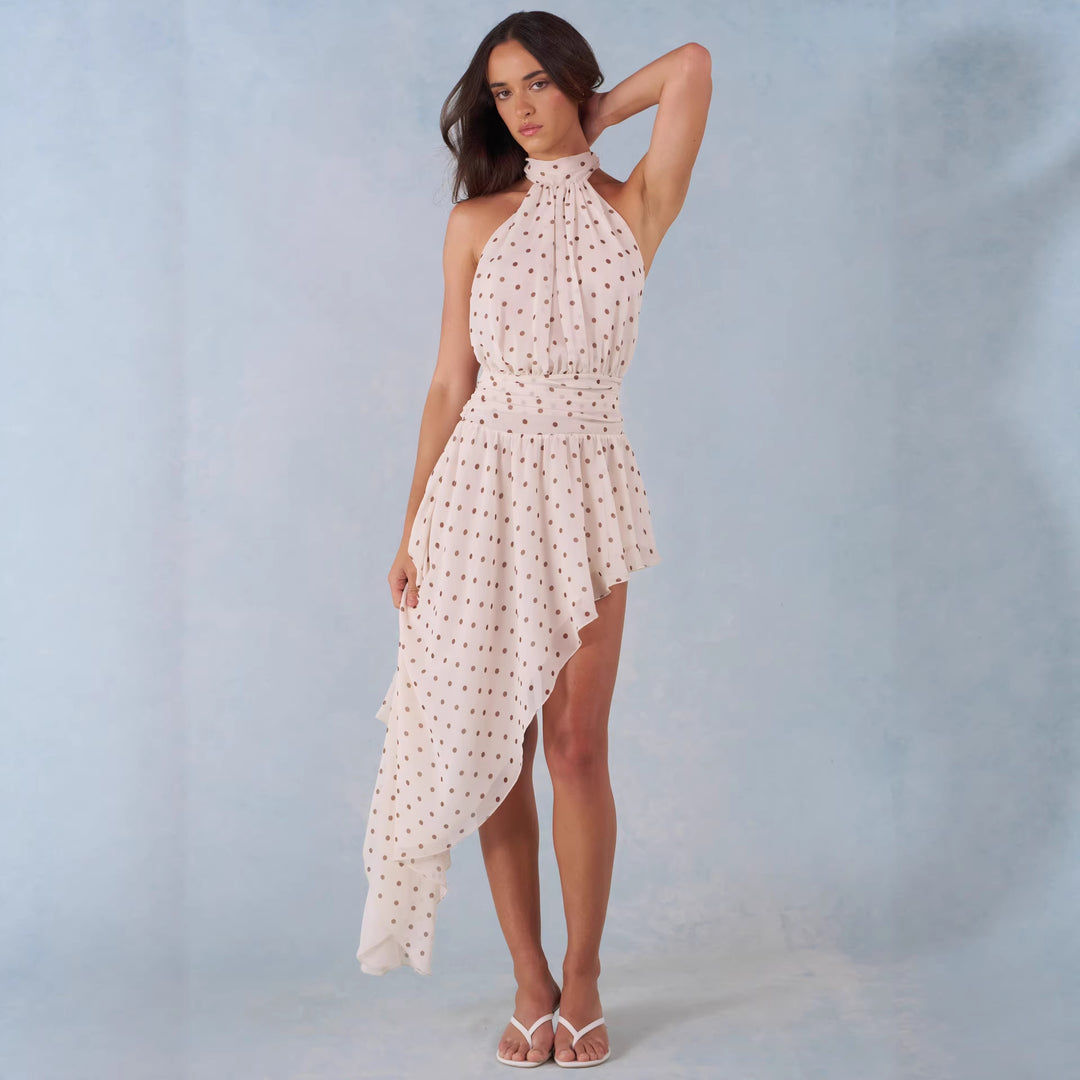 Damen Hochgeschlossenes Minikleid mit asymmetrischem Rock und fließendem Stoff Drune
