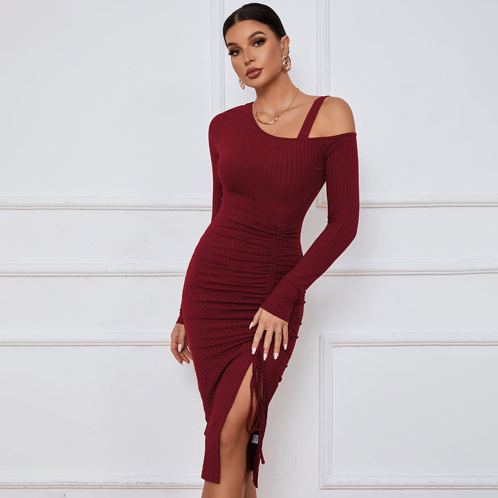 Damen figurbetontes Rippkleid mit One-Shoulder-Ausschnitt und raffinierter Raffung Drune