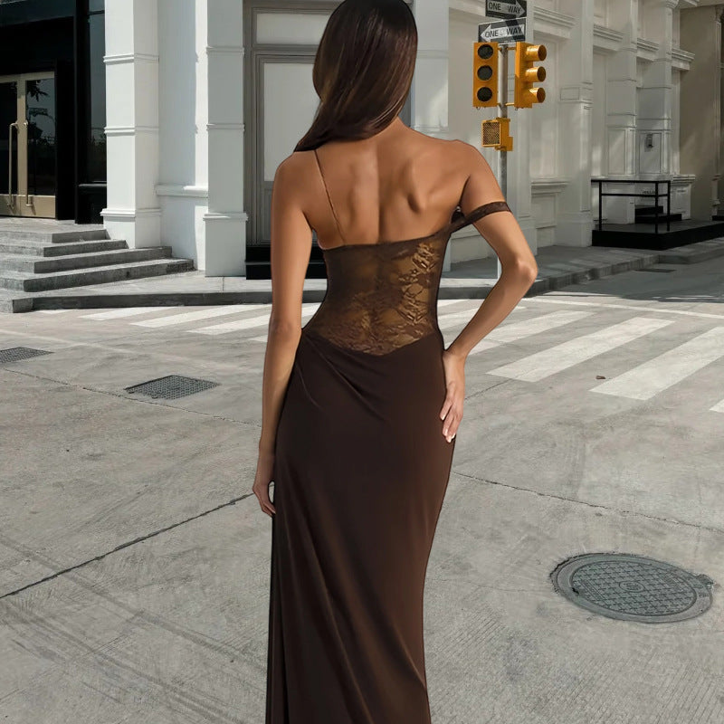Damen Abendkleid mit schulterfreiem Spitzenoberteil und fließendem Rock Drune