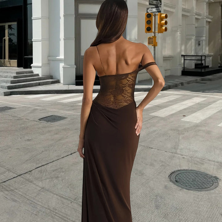 Damen Abendkleid mit schulterfreiem Spitzenoberteil und fließendem Rock Drune