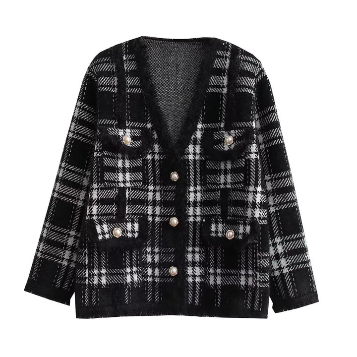 Damen modische Langenjacke mit Karomuster und eleganten Knopfdetails Drune