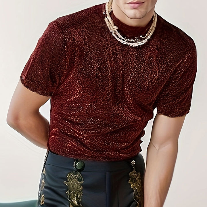 Damen nan schimmerndes Kurzarmshirt mit hohem Rundhalsausschnitt und strukturierter Animal-Print-Optik Drune