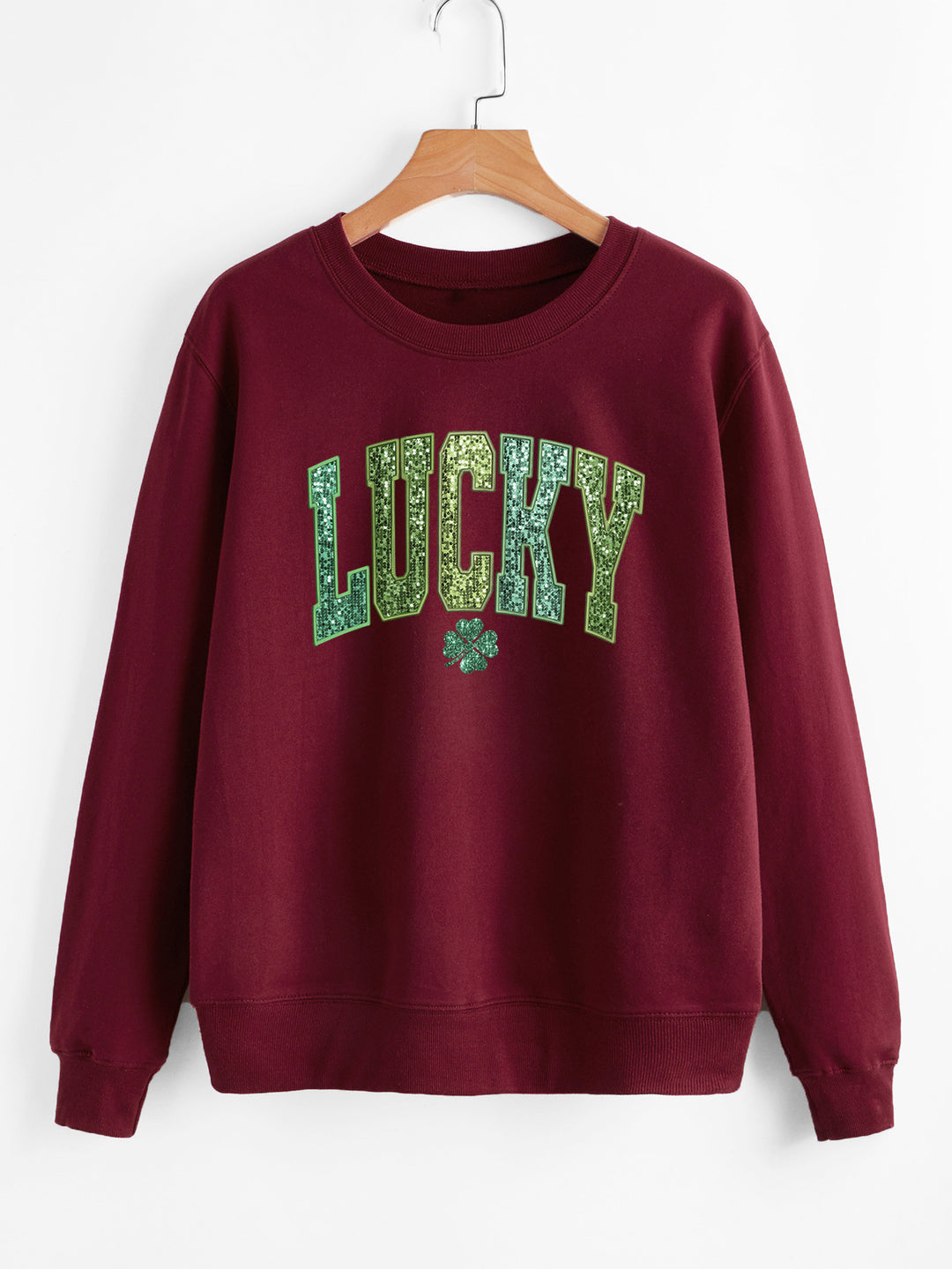 Damen lässiger Sweatshirt mit glitzerndem Schriftzug und Kleeblattmotiv Drune