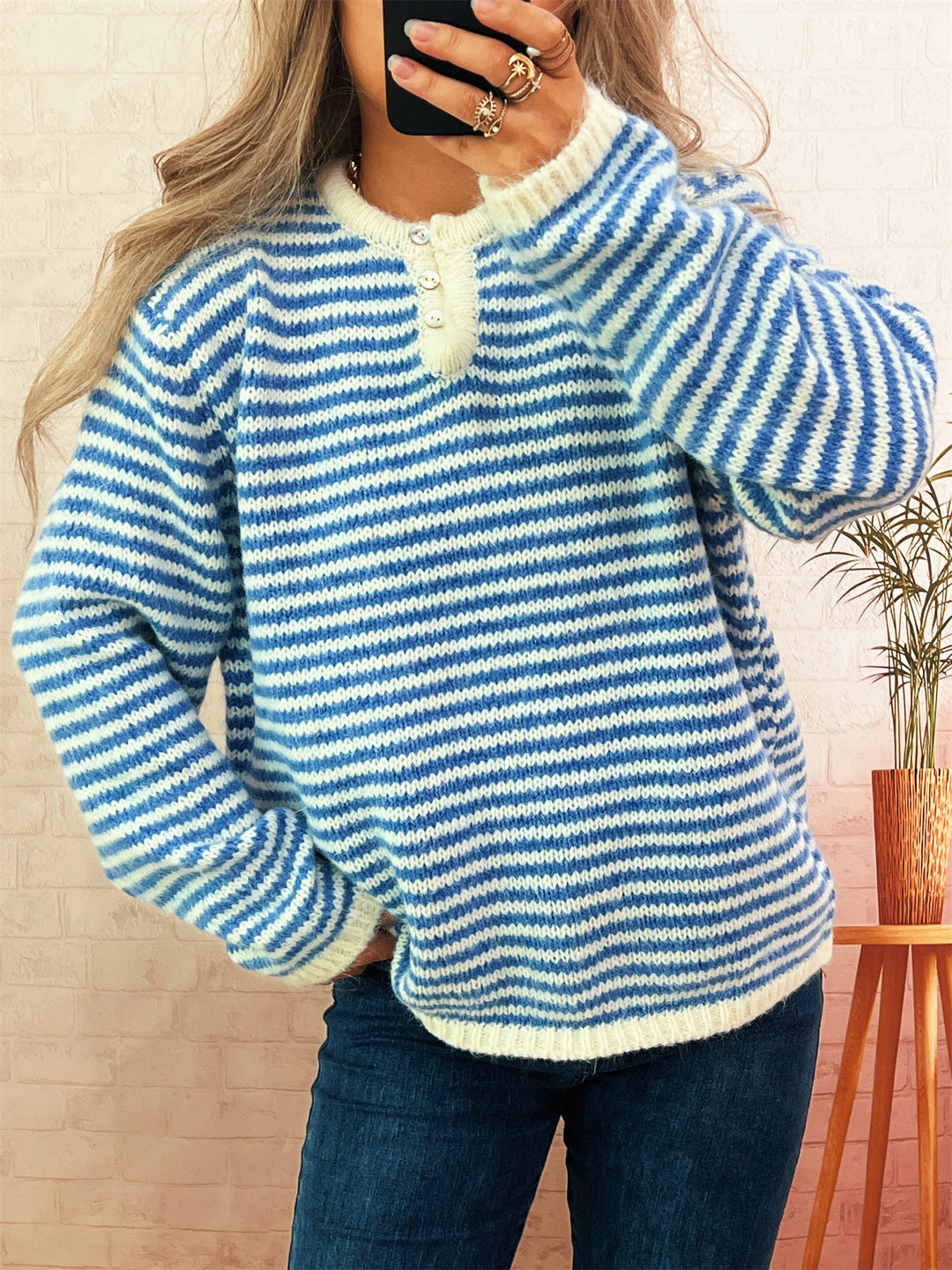 Damen lässiger Streifenpullover mit Knopfleiste und Rundhalsausschnitt Drune